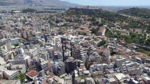 Omkeren Antenne Een Opgebouwd Modern Athene Met Appartementen Met Acropolis — Stockvideo