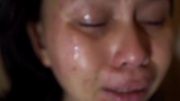 Extreme Close Woman Crying Excessively Dark Location Wind Slightly Blowing — Stock Video