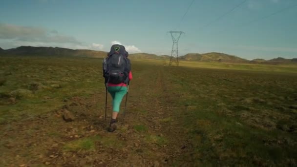 劇的なアイスランドの風景 トレイルを歩く人 動きの後のカメラ 安定したジンバルの安定装置でのカメラの追跡 ドリー — ストック動画