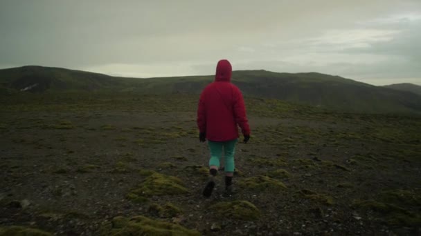 Δραματική Iceland Τοπίο Άτομο Πεζοπορία Στο Μονοπάτι Κάμερα Μετά Την — Αρχείο Βίντεο