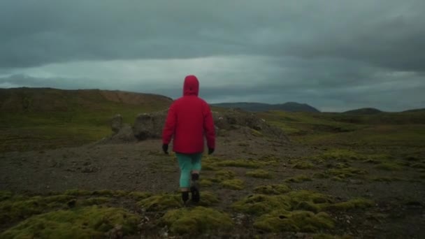 劇的なアイスランドの風景 トレイルを歩く人 移動後のカメラ カメラ追跡 — ストック動画