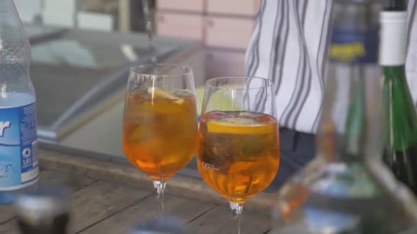 Barkeeper Mixing Drink Called Aperol Spritz Mixing Spoon Close Hand — Stock Video