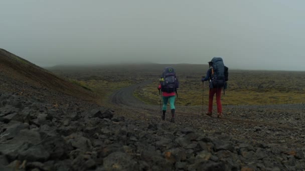 アイスランドでは2人のハイカーが火山の風景の中を — ストック動画
