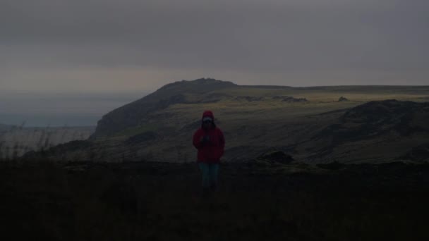 Iceland Személy Sétál Vulkanikus Táj Nincs Kamera Mozgás Teleobjektívvel — Stock videók