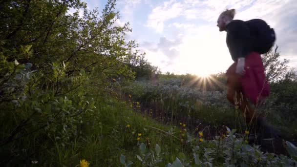 Severský Batohem Turistika Thorsmork Island Během Letního Západu Slunce Krásné — Stock video