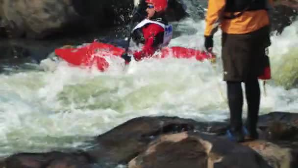 White Water Kayaker Racer Next Spectators — Stock Video