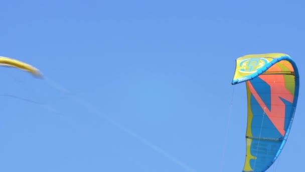 凧サーファー凧は青い空に強い風に乗って飛んで — ストック動画