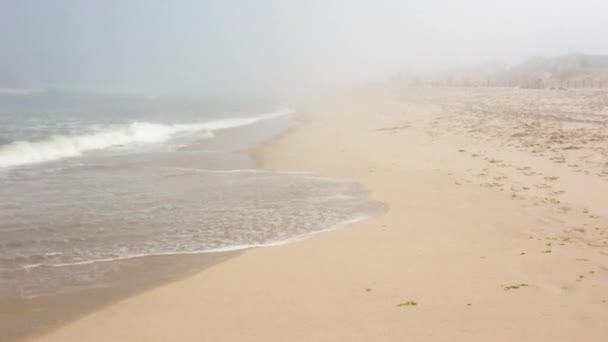 Fale Rozbijają Się Brzegu Bardzo Mglistej Plaży — Wideo stockowe