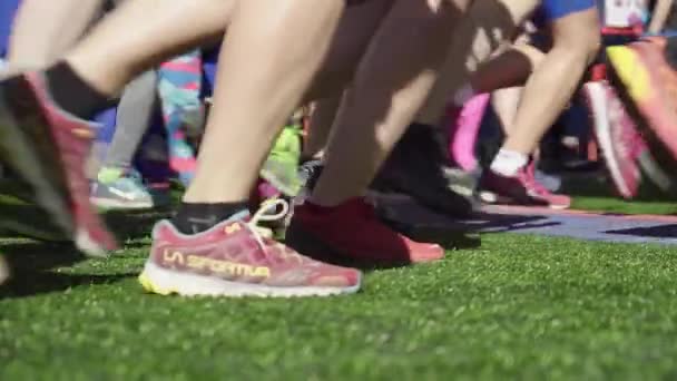 Långsamma Rörelser Många Löpfötter Med Joggingskor Från Början Ett Maraton — Stockvideo