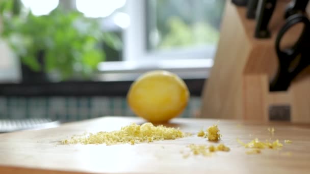 Collecting Lemon Zest Knife Edge Add Cooking — Stock Video