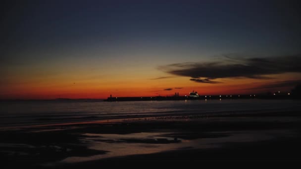 Ciemny Pomarańczowy Zachód Słońca Wzdłuż Plaż Porto Portugalia Gdy Ptaki — Wideo stockowe