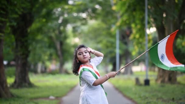 Cute Little Indian Girl Celebrating Indian Independence Republic Day Waving — Stock Video