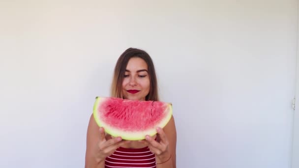 Beautiful Girl Eating Watermelon Slow Motion — Stock Video