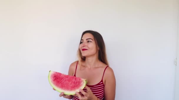 Girl Happy Watermelon Smiling — Stock Video