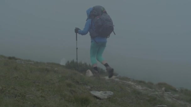 岩の多い高山の峰やスロヴァキアのタトラ山脈の風景 トレイルを歩く女性ハイカー 右から左へカメラパン — ストック動画