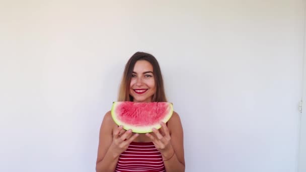 Girl Holding Watermelon Giving Back Camera — Stock Video