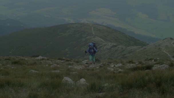 Picos Alpinos Rochosos Paisagem Montanhas Tatra Eslovaco Caminhante Feminino Caminhando — Vídeo de Stock