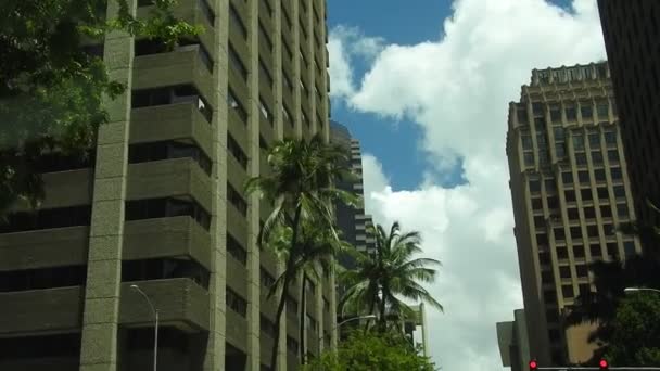 Jízda Centru Honolulu Ulici Alakea Budovou Palmou — Stock video