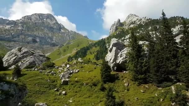 Flyttar Nedför Pilatus Berg Solig Dag Augusti Skjuten Från Kugghjulståget — Stockvideo