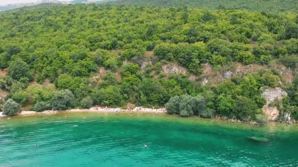 オフリド湖 ペズターニ トレプカのマケドニア海岸の左から右に撮影された空中 ドローン トラック — ストック動画