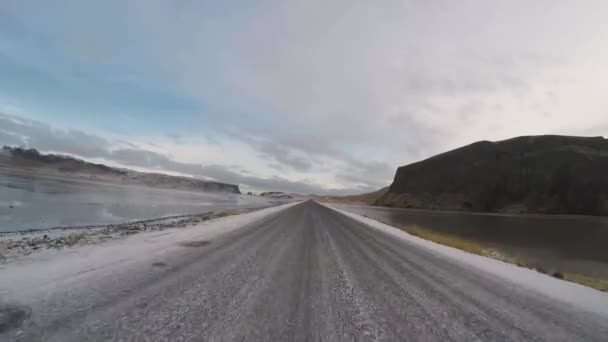 Middle Road Drive Blue Sky Few Clouds Iceland Dyrholavegur Frozen — Stock Video