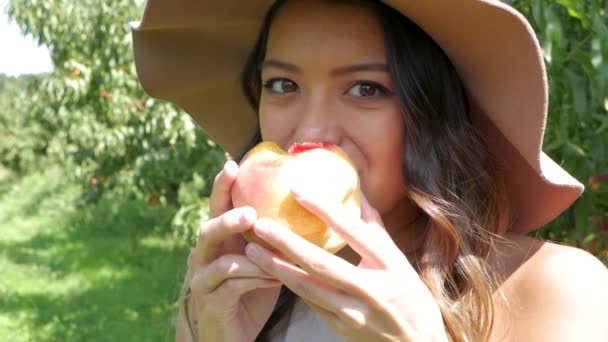 女人咬了一口刚从树上摘的多汁的桃子 — 图库视频影像