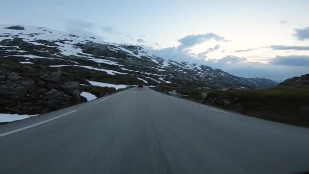 Scenic Drive Norwegian Countryside Another Vehicle Snow Some Clouds Twilight — Stock Video