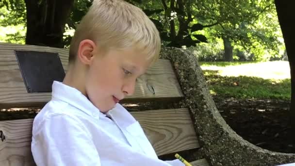 Pojken Sitter Parkbänk Och Skriver Copybook Sommar — Stockvideo