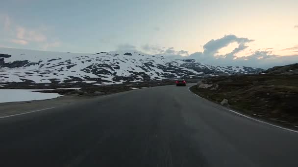 Scenic Drive Norwegian Countryside Another Vehicle Snow Some Clouds Twilight — Stock Video