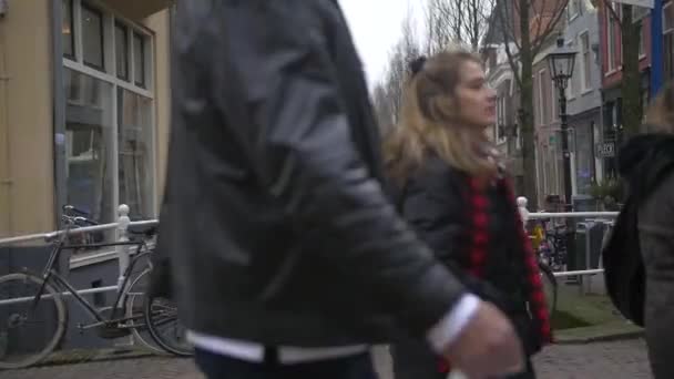 Eine Schieberegleraufnahme Der Kanäle Delft Einige Passanten — Stockvideo