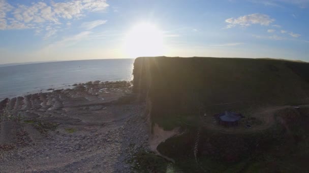 Rising Aerial Crane Drone Shot Nash Cove Sunset Film Set — Stock Video