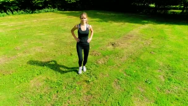 Shot Young Beautiful Women Doing Exercises Outdoor Park Sunrise — Stock Video
