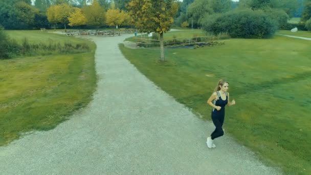 Shot Beautiful Young Women Running Jogging Outdoor Park Sunrise Cloudy — Stock Video