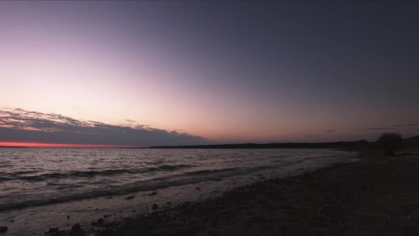 小さな木がある湖の驚くべきマゼンタ紫色の夕日 — ストック動画