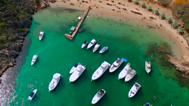 Vista Aerea Una Spiaggia Caraibica Con Persone Yacht — Video Stock