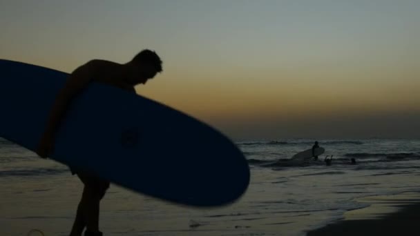 Tropischer Strand Mit Menschen Und Surfern Silhouetten Nach Sonnenuntergang — Stockvideo
