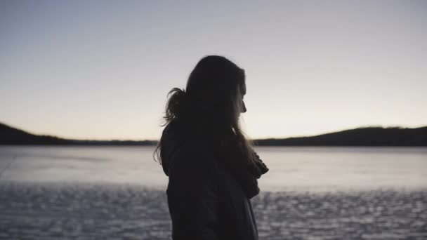 Una Mujer Está Parada Junto Lago Congelado Durante Atardecer — Vídeo de stock