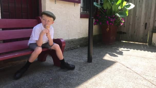 Chlapec Irském Klobouku Zmrzlinu Kornoutu Venku Sedí Lavičce Slunečný Letní — Stock video