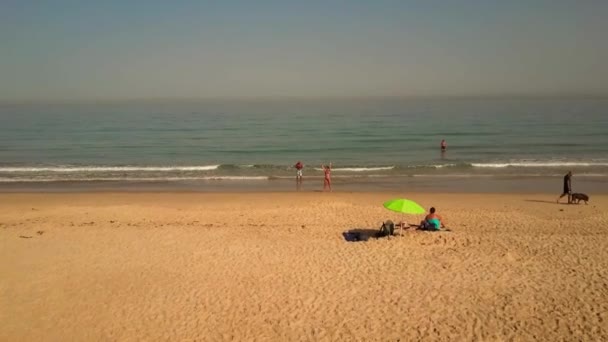前方へ移動する航空機 日陰のための傘でビーチでリラックスした人々 — ストック動画