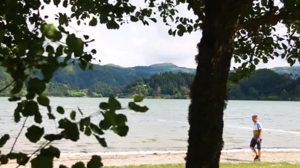 Gente Caminando Lago Detrás Los Árboles — Vídeos de Stock