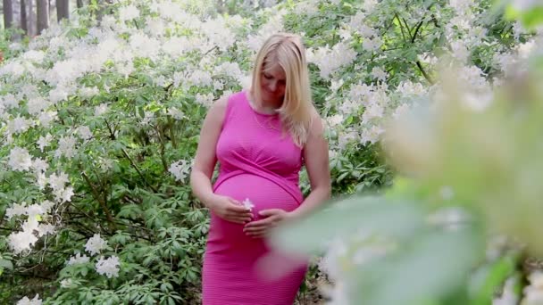 Gravid Kvinna Klänning Håller Händerna Magen Naturlig Bakgrund Rhododendron Sommardagen — Stockvideo