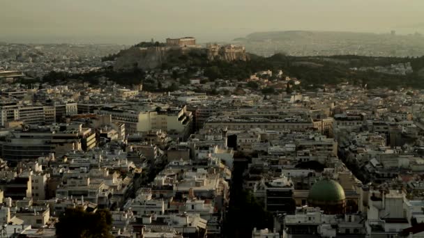 Amplio Plano Ciudad Atenas Con Acrópolis Vista Desde Colina Lycabettus — Vídeos de Stock