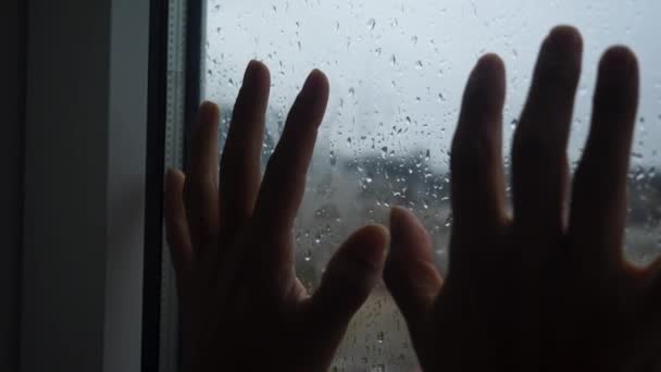 Deux Mains Contre Une Fenêtre Pendant Jour Pluie Solitude Pensées — Video