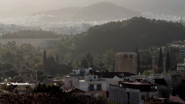 Una Vista Atenas Grecia Con Templo Zeus Olímpico Estadio Panathenaic — Vídeos de Stock