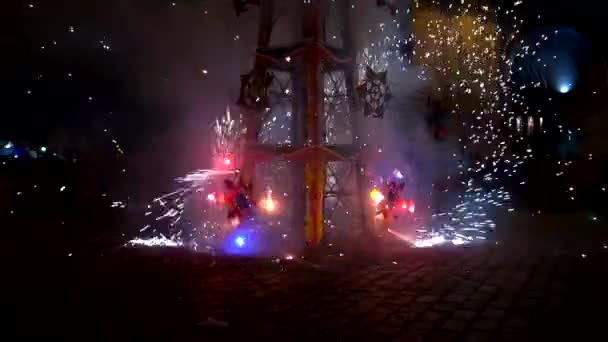 Cuenca Ecuador Junio 2018 Fireworks Castle Slow Motion Pinwheels Throw — Vídeo de stock