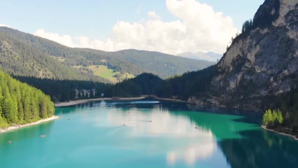 Aerial Drone Landing Lake Braies Italy Forest Big Mountains — Stock Video