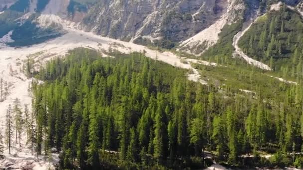 Drohne Kreist Über Pragser See Italien Mit Wald Und Großen — Stockvideo