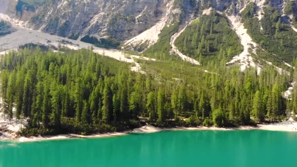 Aerial Drone Going Straight Lake Braies Italy Forest Big Mountains — Stock Video