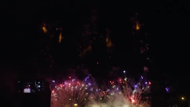 Silhouette Pubblico Che Guarda Fuochi Artificio Esibirsi Sopra Acqua — Video Stock