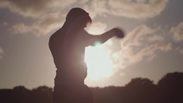 Hombre Boxeando Parque Whislt Silouetted Contra Sol Moribundo — Vídeos de Stock